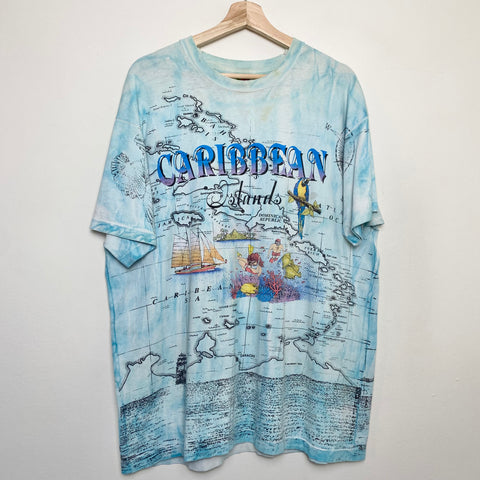 1992 Vintage All Over Print Caribbean Islands Map Tee